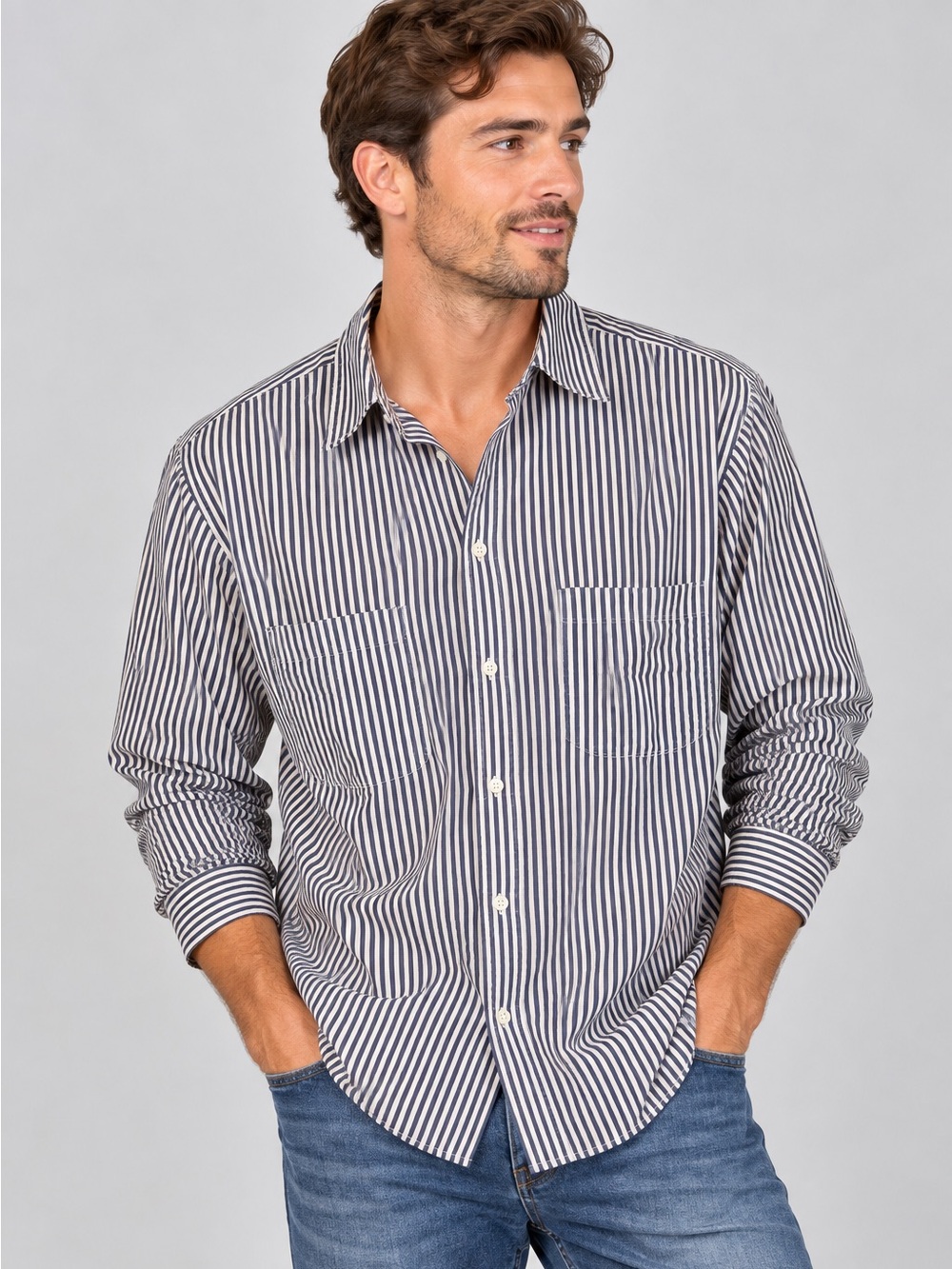 Studio 121 Men’s 100% Silk Striped Button Down Shirt Medium Navy White Coastal